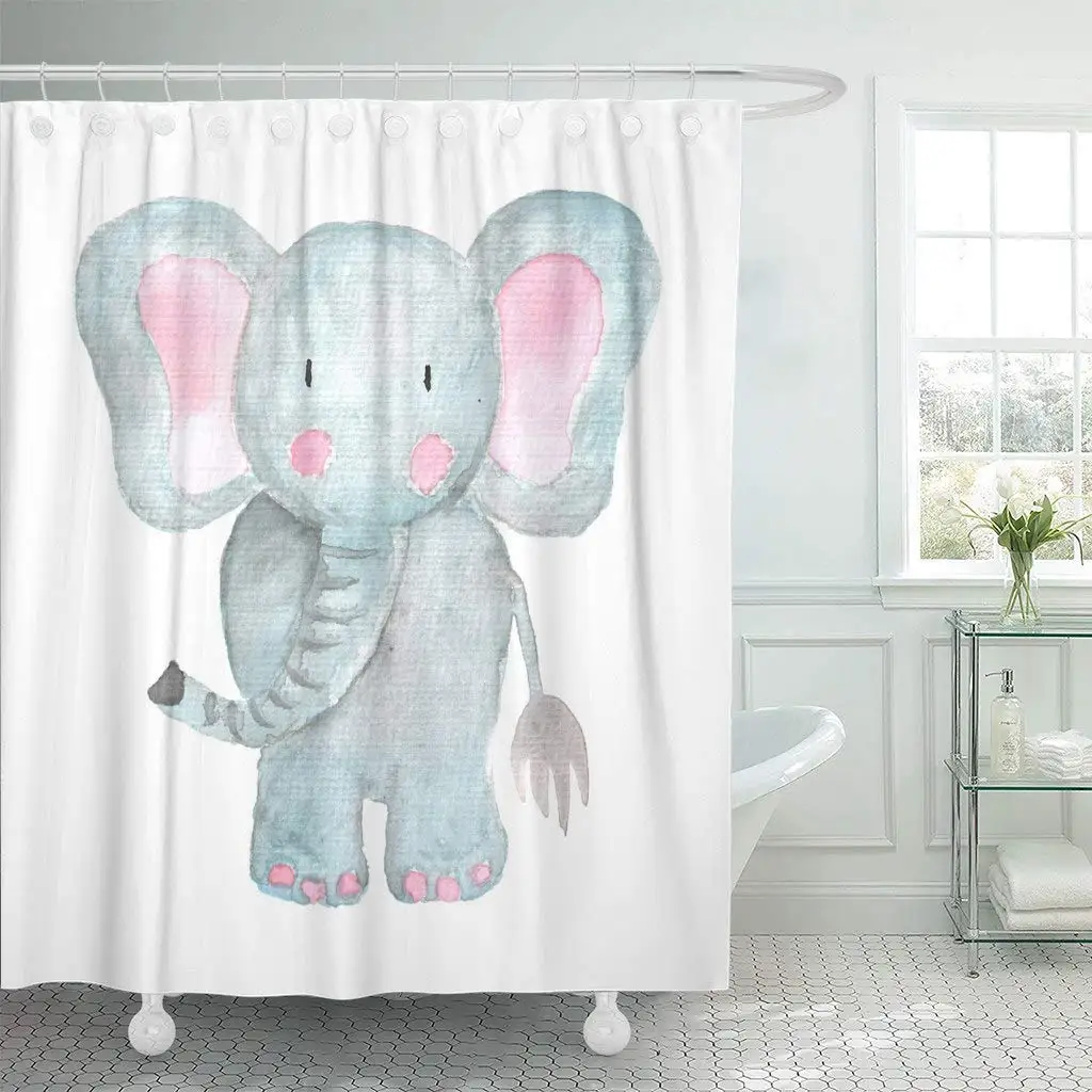 Shower Curtain with Hooks Blue Baby Elephant Animal Watercolor Gray