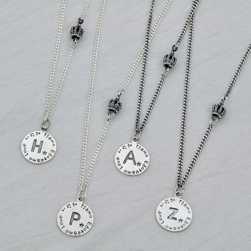 

1pc Authentic 925 Sterling silver LETTER Engraved Disc Coin &Crown Princess Pendant Necklace JEWELRY TLX405