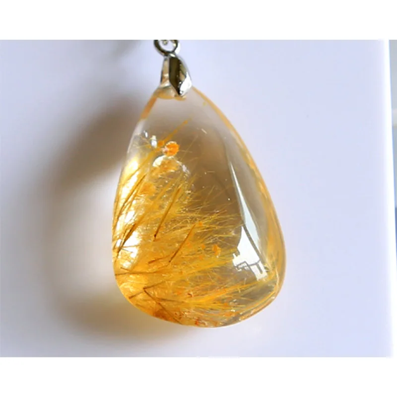 

Clear Natural Genuine Yellow Gold Needle Hair Rutile Quartz Fashion Pendant Beads 00342