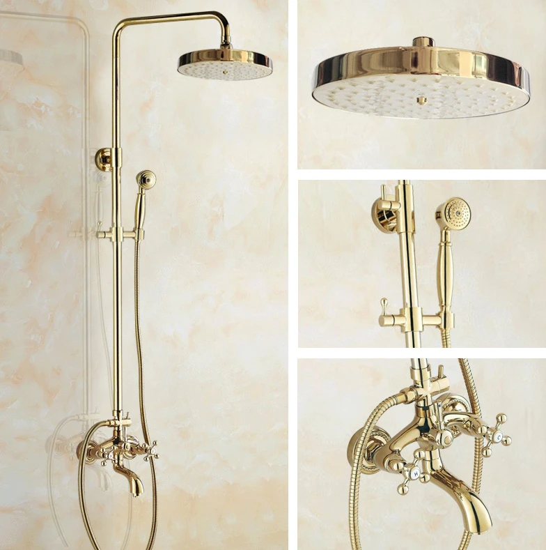 Luxury Wall Mount Polished Gold Bathroom Rain Shower Head Tap Mixer Faucet Set