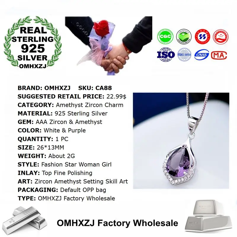 OMHXZJ European Fashion Woman Girl Party Wedding Gift Amethyst Zircon 925 Sterling Silver Necklace Pendant Charm CA88