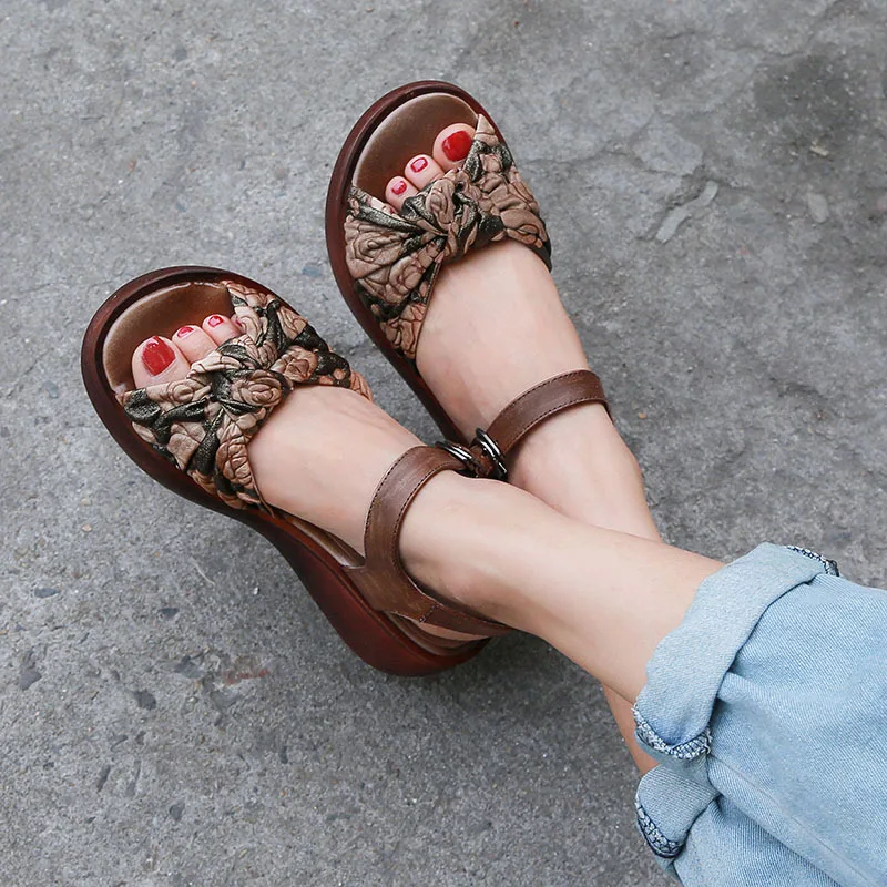 

Artdiya Summer New Retro Platform Women Shoes Peep Toe Genuine Leather Flower Buckle Handmade Wedges Heels Sandals 7559