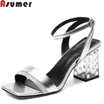 

ASUMER fashion new summer sandals women buckle square high heels shoes ladies casual genuine leather shoes women sandals 2020