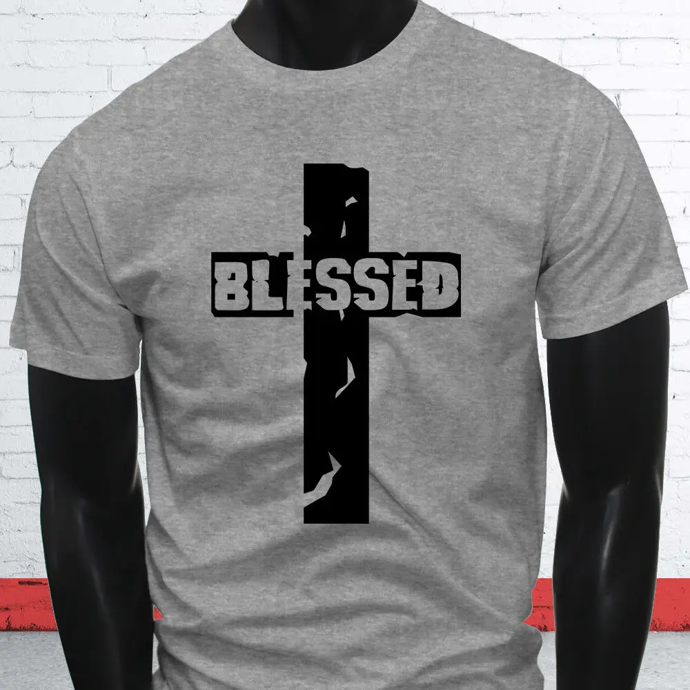 

Newest Fashion Blessed Cross Jesus Black God Faith Bible Savior Mens T-Shirt 100% Cotton Print Shirt Tee Cotton Tee Shirt