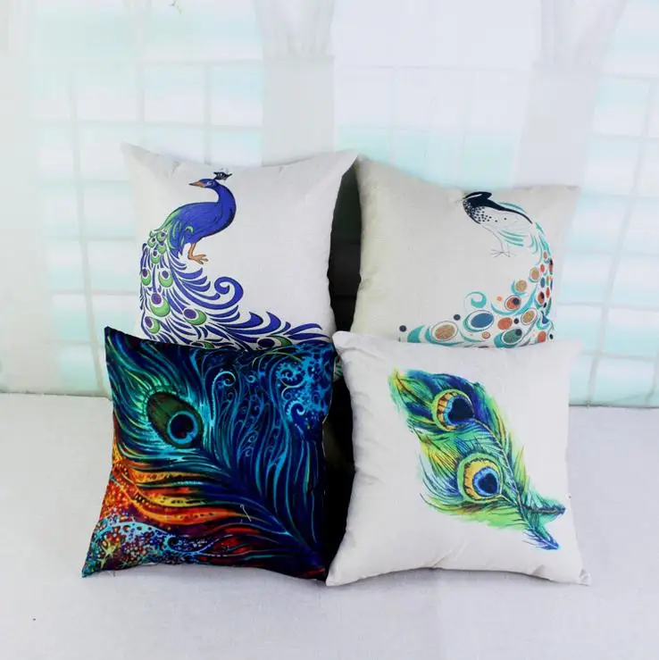 4Pcs/Lot Feather Printing Cover Linen Combination Pillow Case Peafowl Home Decorative Pillow Case 45*45cm