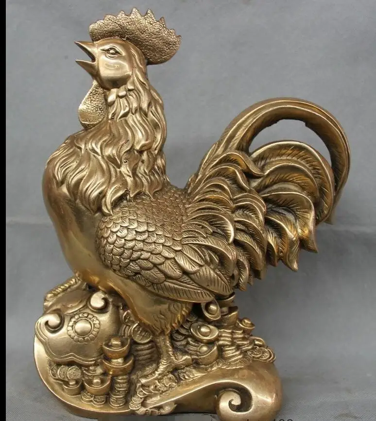 

880070212<<<14" Chinese Fengshui Brass Zodiac Year Cock Rooster Ru Yi Money Wealth Statue