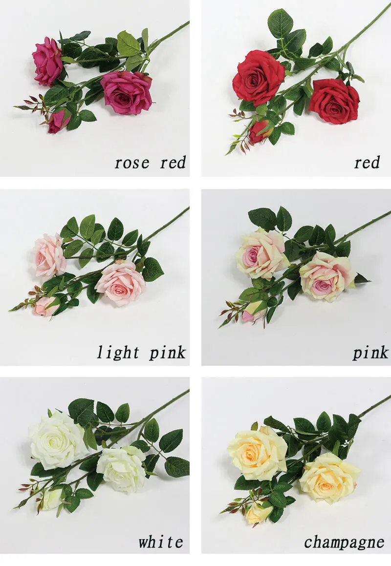 Flone 3 Heads Artificial Rose Flowers Simulation Rose Flower Silk Flower Fake Rose Flower Branch Wedding Home Party Decor Flores (15)