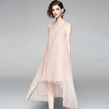 

2019 A-Line Dress Sexy Celebrity Pink Print Simple Bandage Women Lace O Neck Sleeveless Casual Loose Party Dresses Wholesale