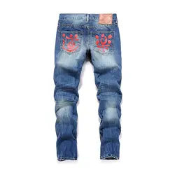 Evisu 2018 мужские хипстерские джинсы повседневные Модные брюки кнопки мужские карманы джинсы прямые длинные классические темно-синие брюки