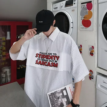 

2019 Summer New Korean Version Of The Tide Male College Wind Comfortable Loose Couple Striped Letters High-end Casual Polo Shirt