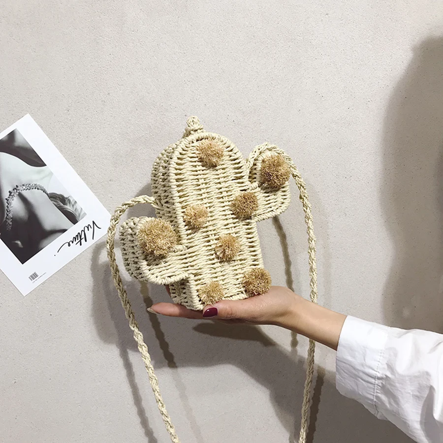 

Funny Straw Wovening Cactus Women's Shoulder Bags Creative Bohemian Handbags Purses Ladies Crossbody Bags Woman Summer Beach Bag