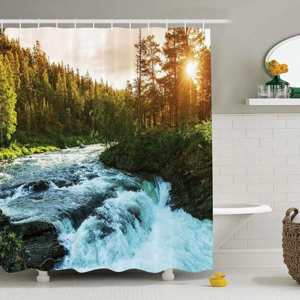 

Nature Shower Curtain House Decor, River in Norway Sunrise Sunbeams Through Pine Trees Springtime Landscape Scenic Art Print