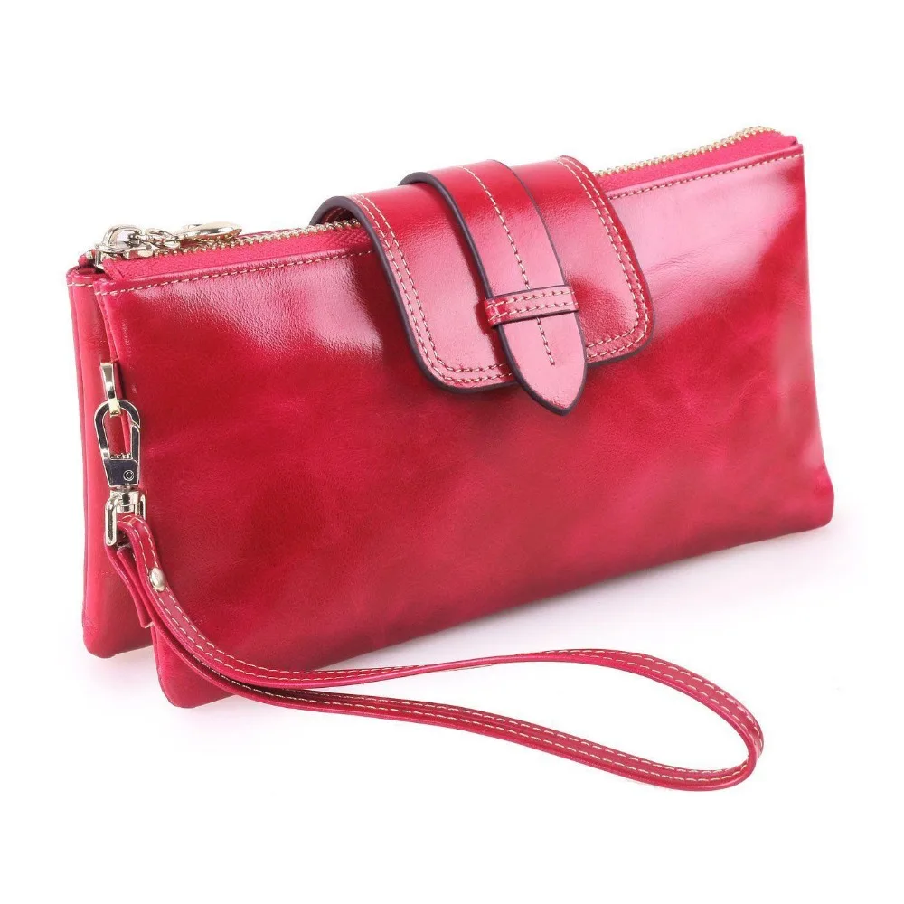 

Women's Large Capacity Purse Genuine Leather Wristlet Wallet Clutch Rose Red
