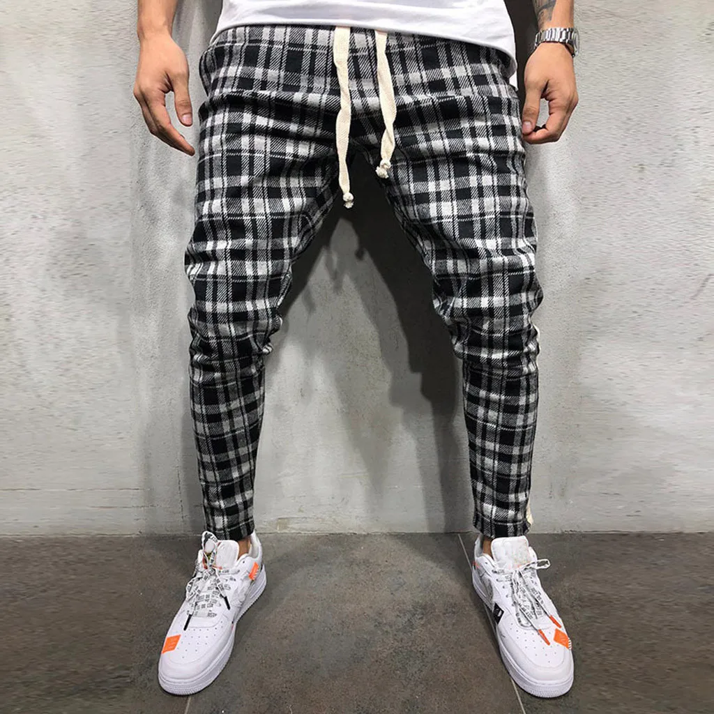 men pants casual Pencil Pants cargo pants men Fashion Casual Breathable Men's Plaid Straps Trousers Y618