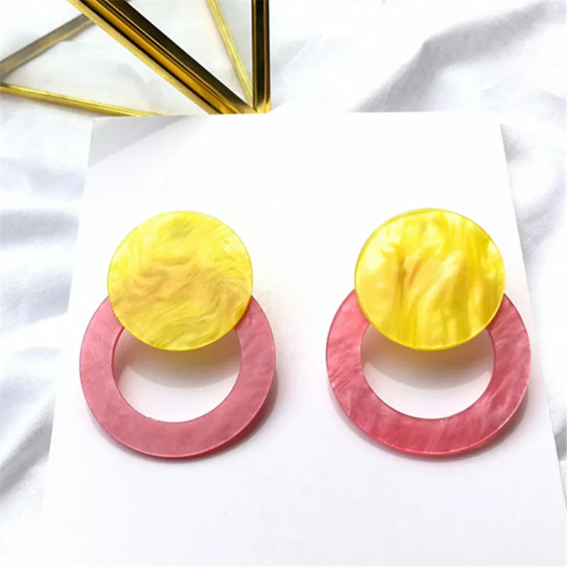 

New Acrylic hit color stitching Double Round green yellow Acetic Acid Stud Earrings Women Party Jewelry pendientes brincos