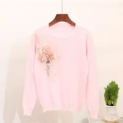 Осень вышивка Вязание свитер Для женщин пуловер печати Для женщин топы Большие размеры студент Бисер корейской моды Femme вязаный свитер