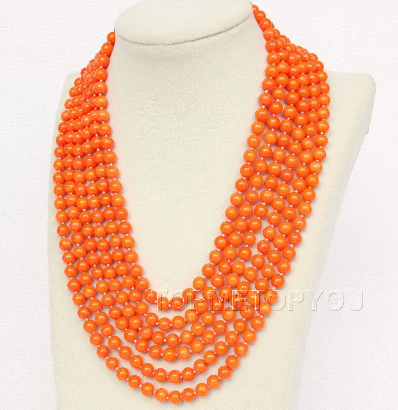 

Free Shipping>>new hot Beautiful 6rows 7mm round orange CORAL necklace e246