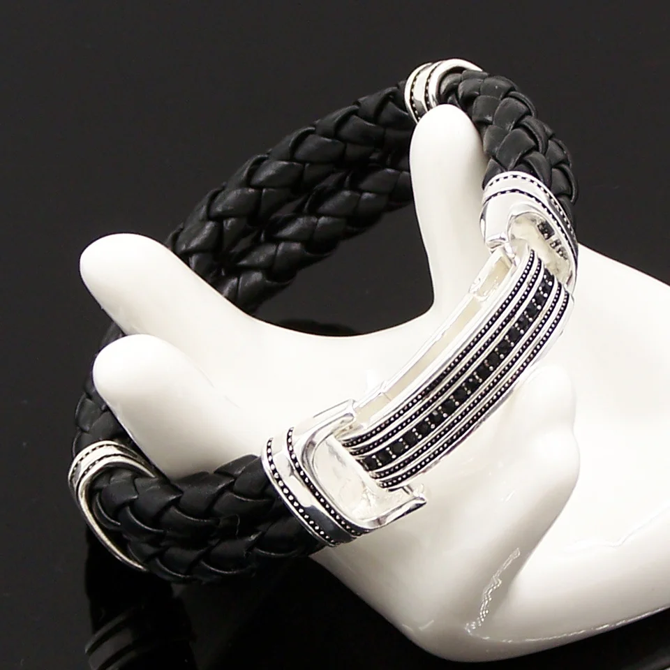 20 см два уровня Черный циркония плетеные кожаные браслеты, самый модный 925 пробы серебряный браслет ювелирные изделия подарок для мужчин и женщин