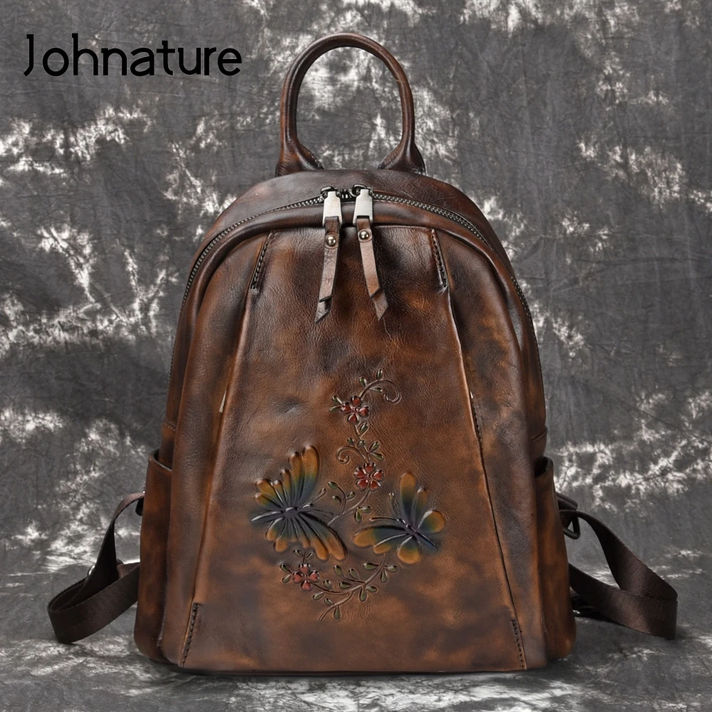 Женский винтажный рюкзак на молнии Johnature из натуральной кожи с тиснением и