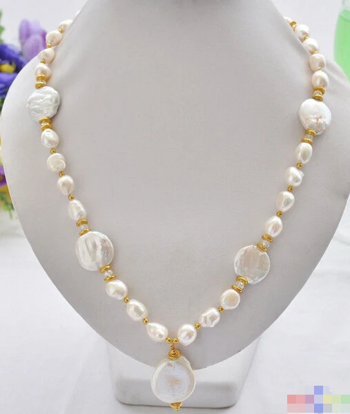 

HOT## Wholesale FREE SHIPPING >>> P5010 22" 22mm white baroque coin freshwater pearl pendant necklace