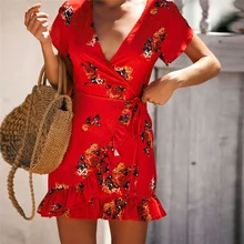 Модная женская повязка платья с коротким рукавом женские глубокий v-образный вырез оборки мини-платье в стиле бохо цветочный принт сексуальное платье для летних женщин