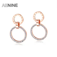 AENINE розовое золото двойной Круглый Кубический Цирконий Серьги гвоздики для женщин римские цифры серьги из нержавеющей стали ювелирные изделия Pendientes AOGE502