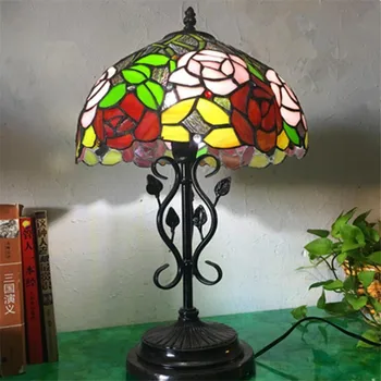 

12" Vintage European Tiffany Roses Glass Table Lamp for Foyer Bed Room Bar Apartment Glass Reading Light H 50cm 1034