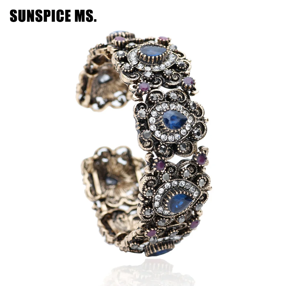 

Promotion Turkish Women Flower Vintage Bangle Cuff Antique Gold Color Open Elastic Adjust Size Bracelet Ethnic Bridal Jewelry