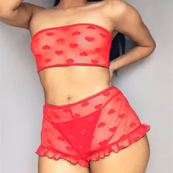 

Women Sleepwear Tube Top Strap Nightwear Lace Trim Satin Pajama Set Mid-Rise Print Underwear Plus Size Lenceria Mujer Honeymoon