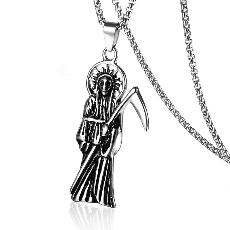 

Punk Gothic Grim Reaper Cool Scythe 316L Stainless Steel Pendants Necklaces for Men Jewerly Halloween Gift