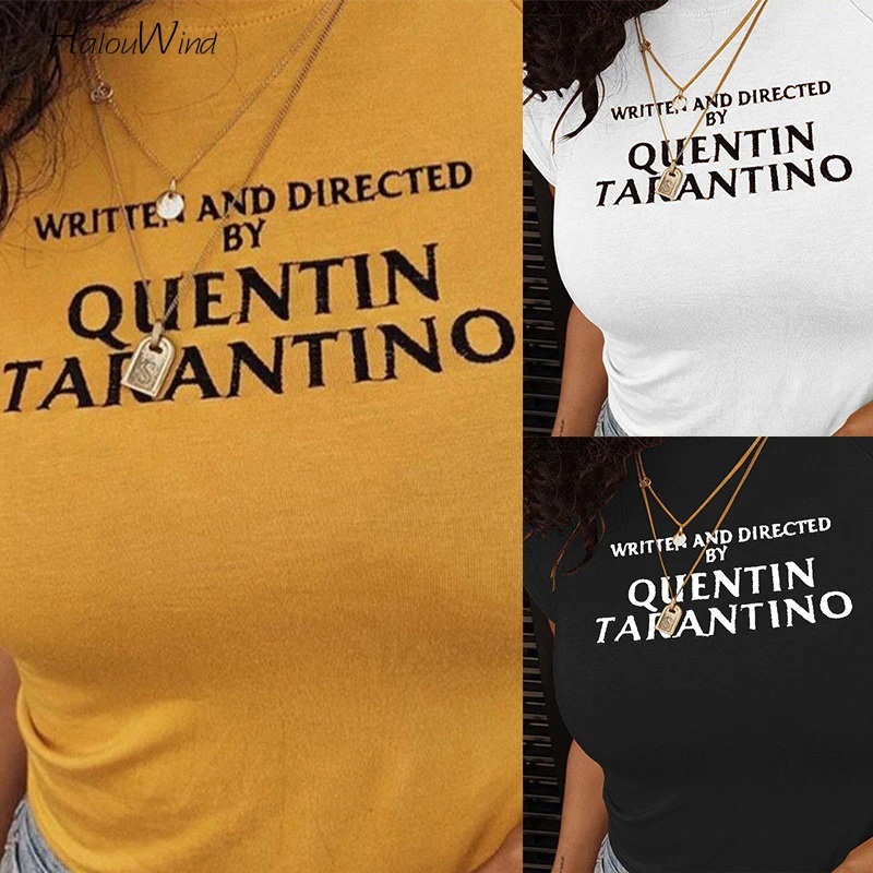 Летняя футболка Quentin Tarantino с буквенным принтом желтая Обрезанные коротким