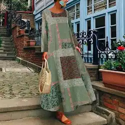 ZANZEA женские осень винтажное цветочное длинное платье с принтом хлопок лен открытое легкое платье Женский, с длинным рукавом свободное