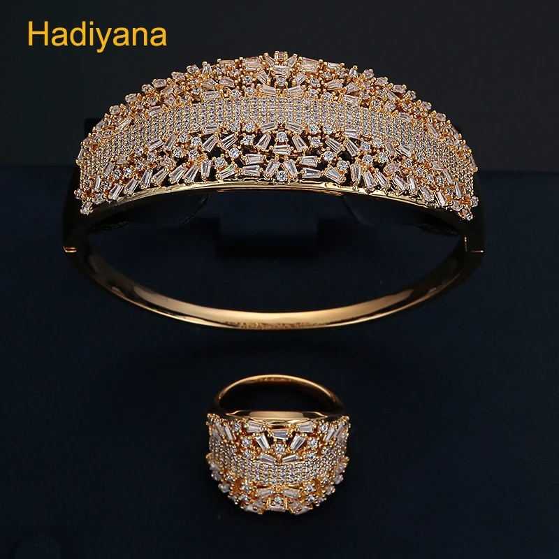 

HADIYANA Classic Fashion Style Ladies Jewelry 2pcs Set Bangles And Rings Super Shiny Cubic Zircon Women's Wedding Bracelet SZ174