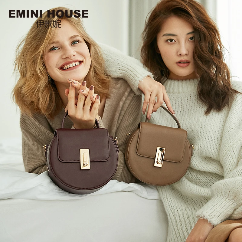 EMINI HOUSE Flap Split Leather Top-Handle Bags Chain Strap Women Shoulder Bag Round Shape Solid Color Crossbody Bags For Women EMINI HOUSE Flap Split Leather Top-Handle Bags Chain Strap Women Shoulder Bag Round Shape Solid Color Crossbody Bags For Women