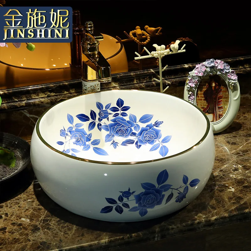 

Gold ceramic wash basin bathroom art basin chinese style antique table basin blue and white