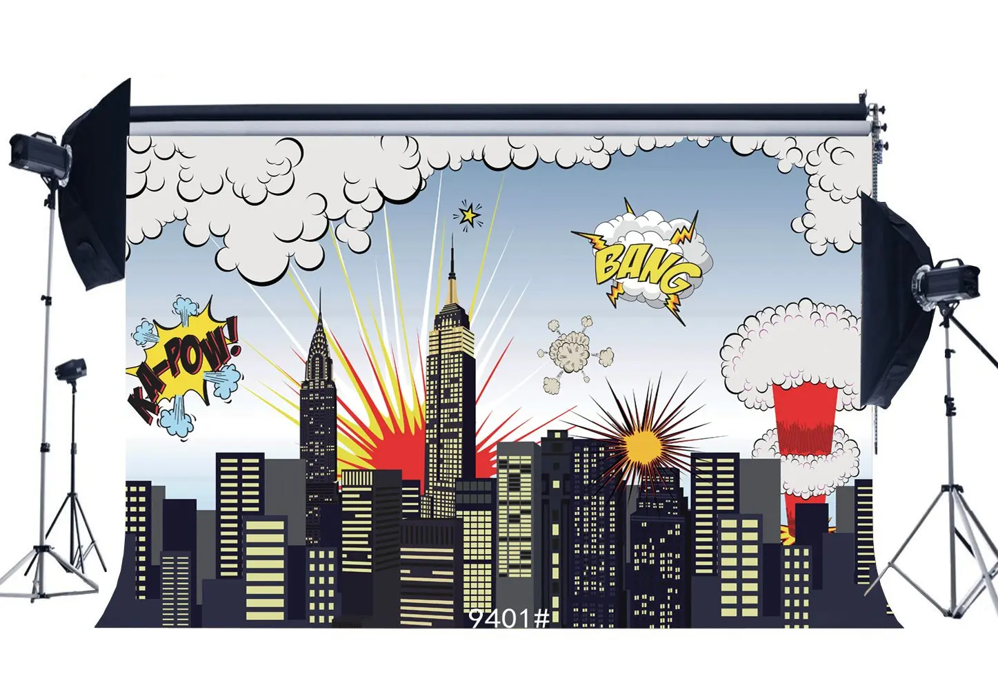 

Photography Backdrops Cartoon Super City Skyline Buliding White Clouds Scene Birthday Portraits Background
