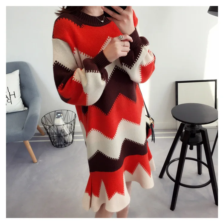 Зимнее женское платье с геометрическим рисунком, вязаное осеннее плотное платье средней длины, теплый модный свитер с длинным рукавом LM025