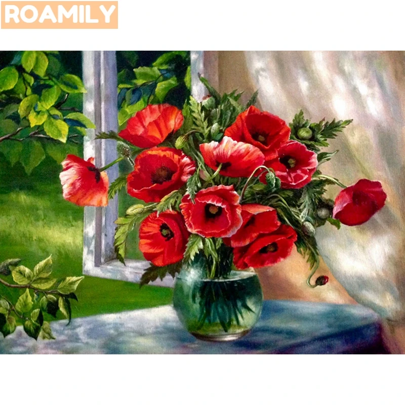 

ROAMILY,5D Diamond Painting Flowers,Red Poppy,Diamond Embroidery Poppies,Full Square/Round Drill,DIY Decorations for Home