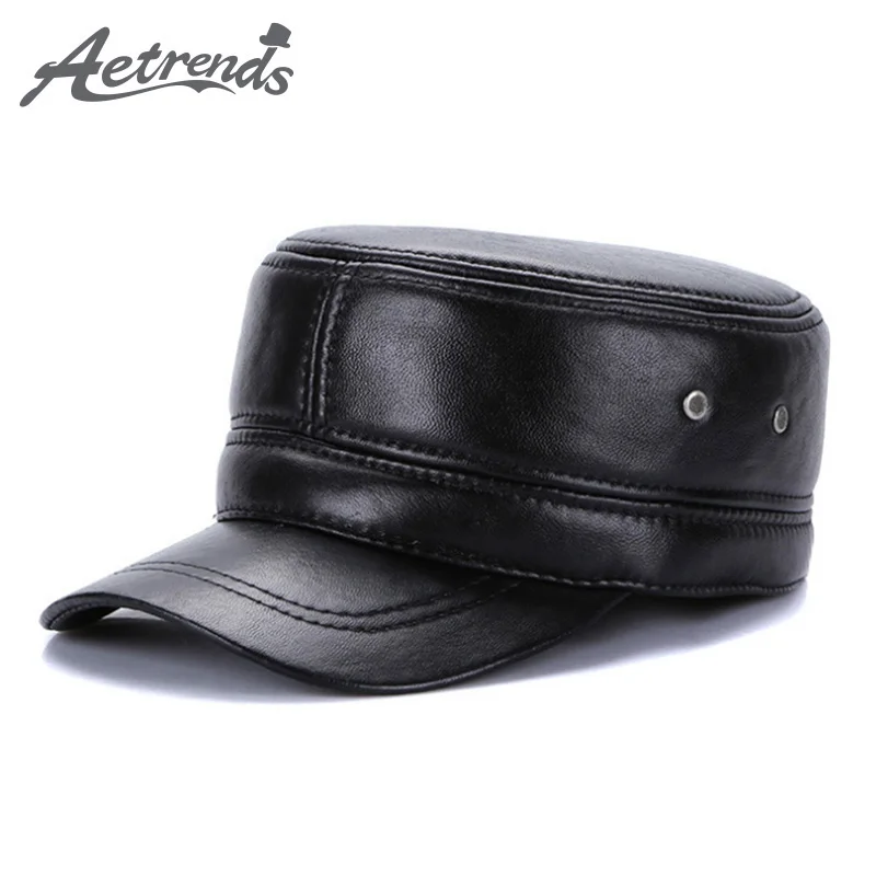 

[AETRENDS] Winter Military Hats for Men 100% Genuine Leather Flat Cap Dad Hat Sailor Captain Army Caps Z-5493