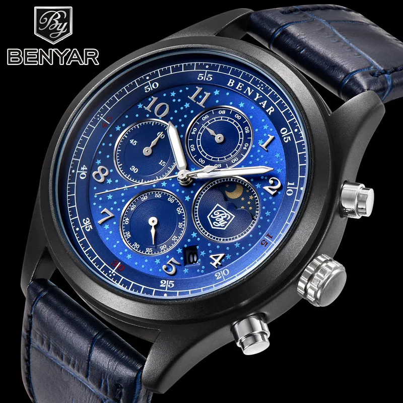 

BENYAR Top Brand Luxury Men's Watches Waterproof Moon Phase Date Quartz Watch Man Leather Sport Wrist Watch Men Waterproof Clock