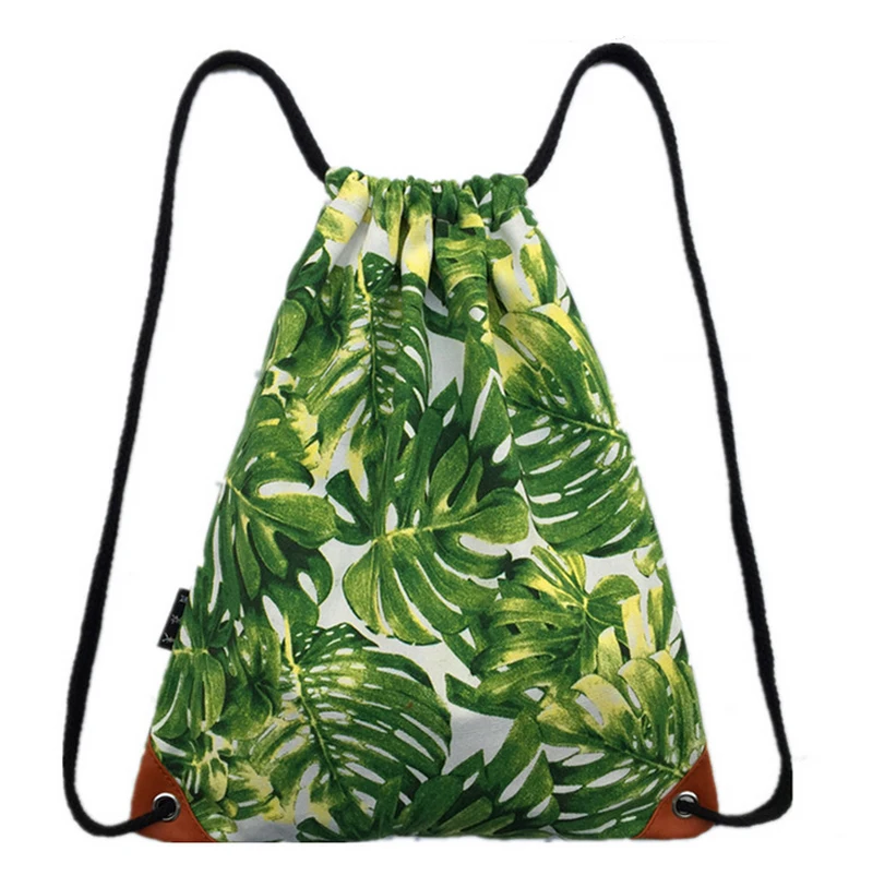 Women s Backpack Fashion Green Leaf Drawstring Bags School Bag for Teenager Girls Graffiti Drawstring