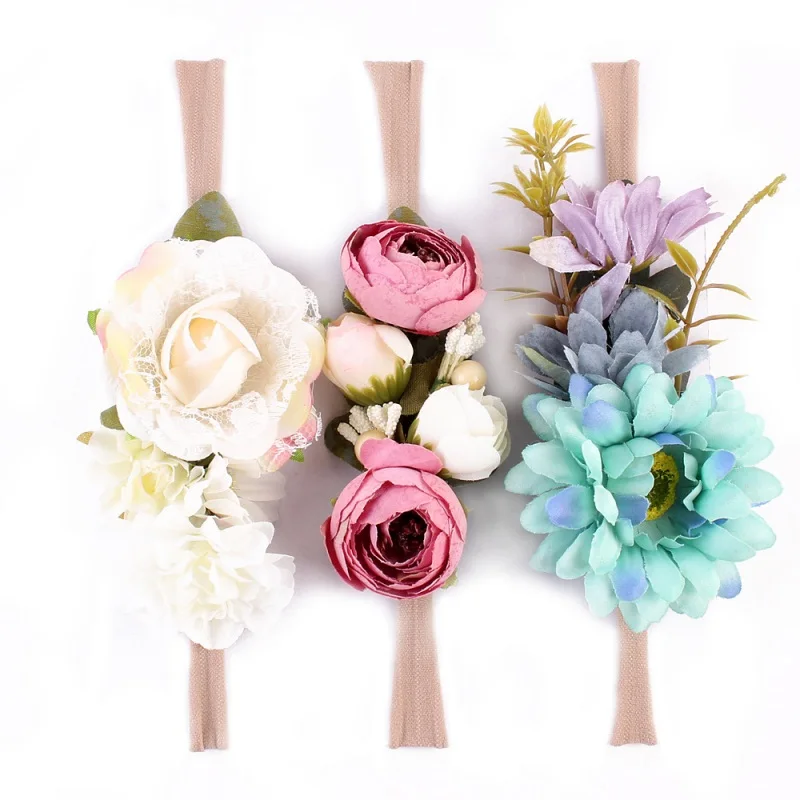 

3 Pcs/Set Newborn Flower Headband Nylon Faux Flower Hair Bands Newborn Headwear Photography Prop Party Gift Hair Accessories