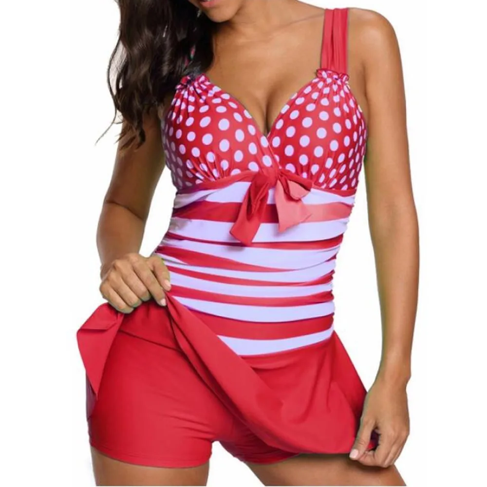 Женское сексуальное платье для плавания неоновый полосатый милый узор в горошек Цельный купальник с v-образным вырезом купальные костюмы размера плюс XL до 5XL - Цвет: Красный