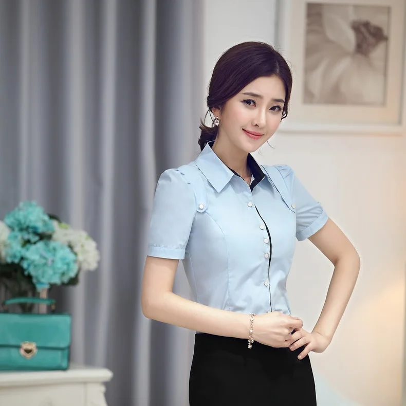 Summer Formal Sky Blue Shirts Women Work Blouses Short Sleeve Fashion