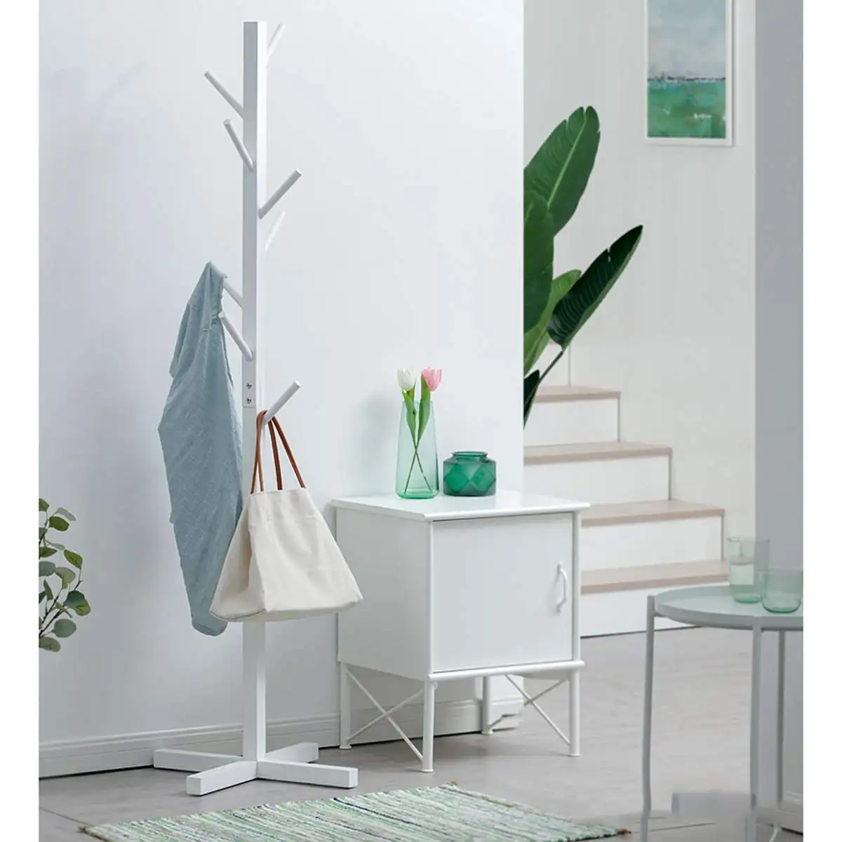 

175cm Coat Rack Hanger Hook Wood Hat Cloth Scarve Bag Hanger Floor Standing Living Room Bedroom Furniture Wall White/Brown/Natur
