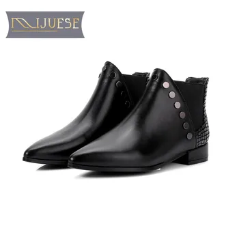 

MLJUESE 2018 women boots cow leather slip on gray color rivets pointed toe short plush warm winter chelsea boots size 34- 42