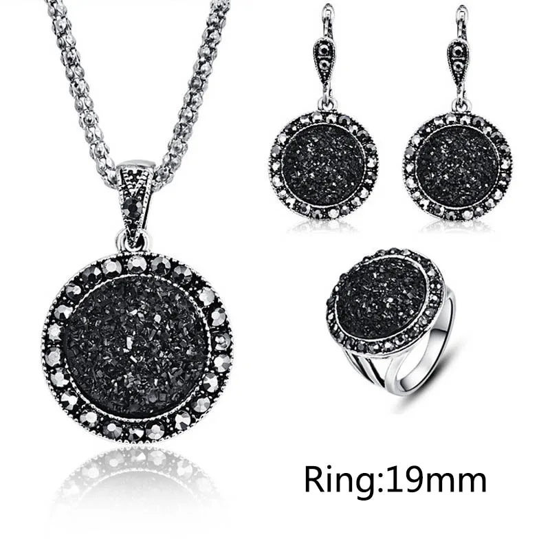 Модный 1 комплект, винтажный ювелирный набор с черным драгоценным камнем, женский ювелирный набор, античный серебряный кристалл, круглый камень, кулон, ожерелье, наборы - Окраска металла: 3