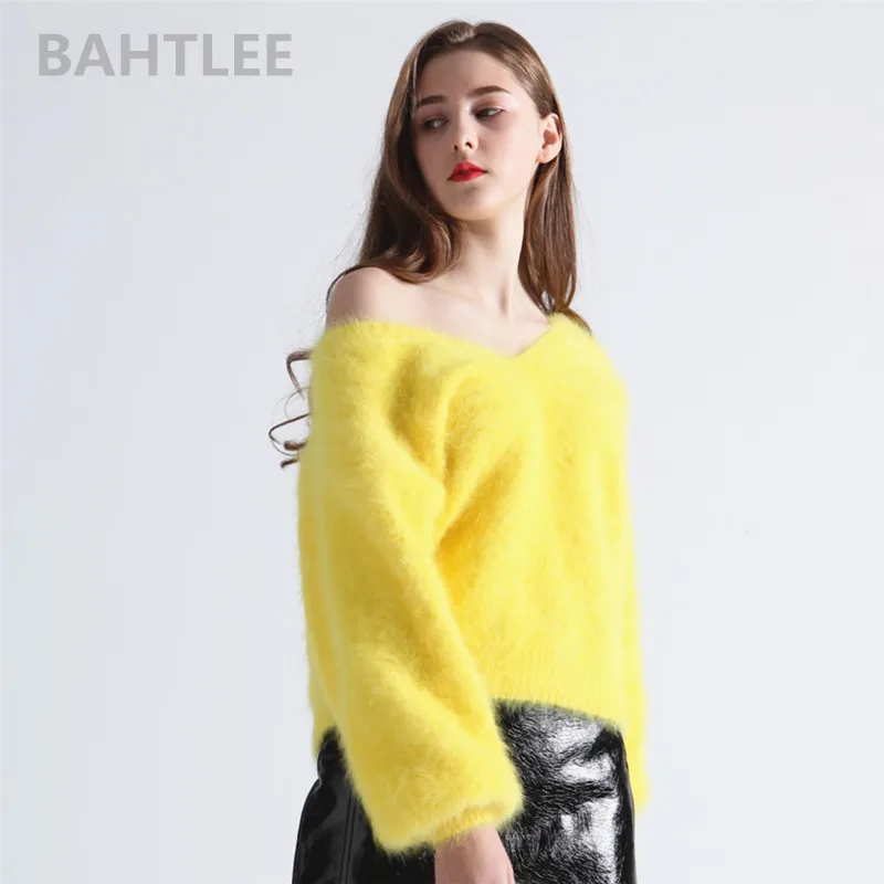Skup BAHTLEE zimowy damski sweter angora rabbit sweter V neck latarnia rękaw norek z kaszmiru dzianinowe swetry utrzymuj ciepło gruby luźny