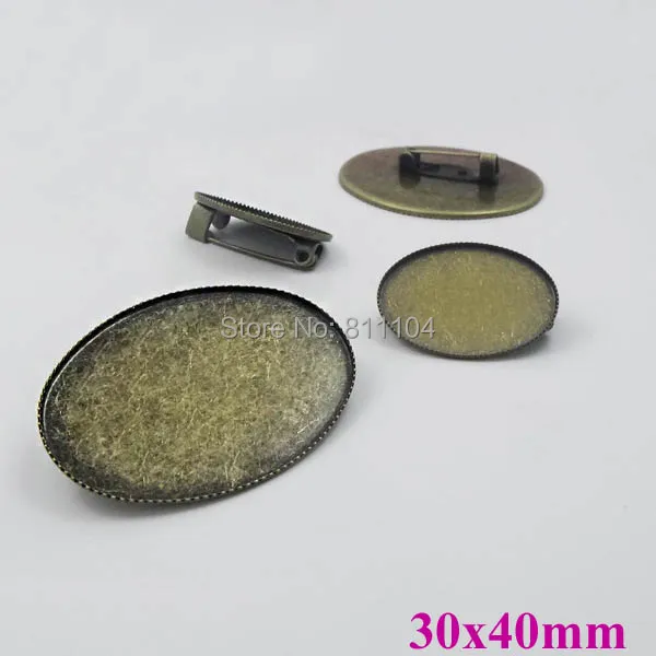 30x40mm Antique Bronze Plated Brass Blank Oval Bezel Tray Cabochon Brooch Bases Back Pins