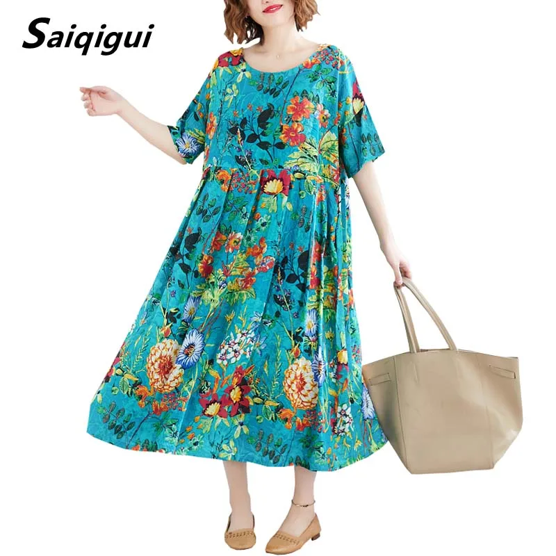 

Saiqigui 2019 Spring Summer dress casual Loose o-neck A-Line cotton Linen dress Short sleeve large size women dress vestidos